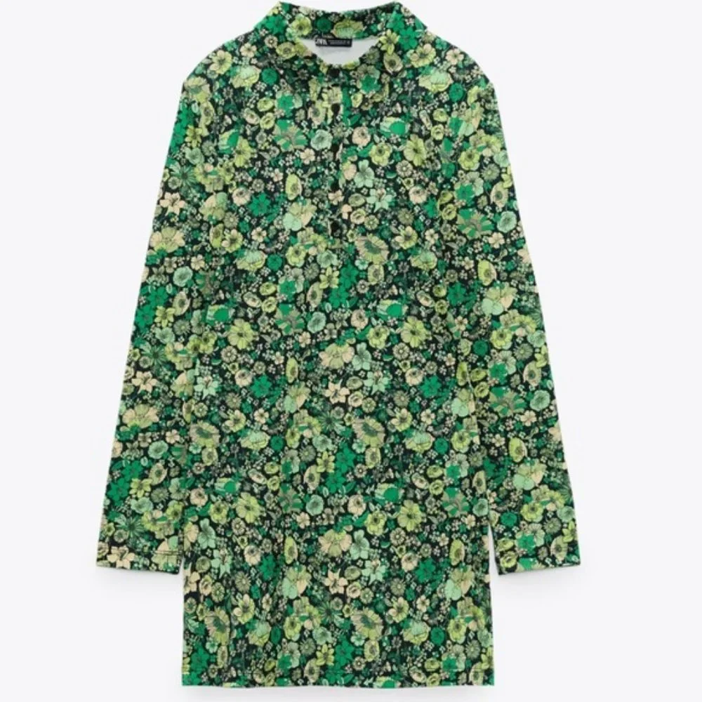ZARA Floral Print Mini Shirt Dress S Green White Long Sleeve V-Neck Retro - Picture 5 of 12